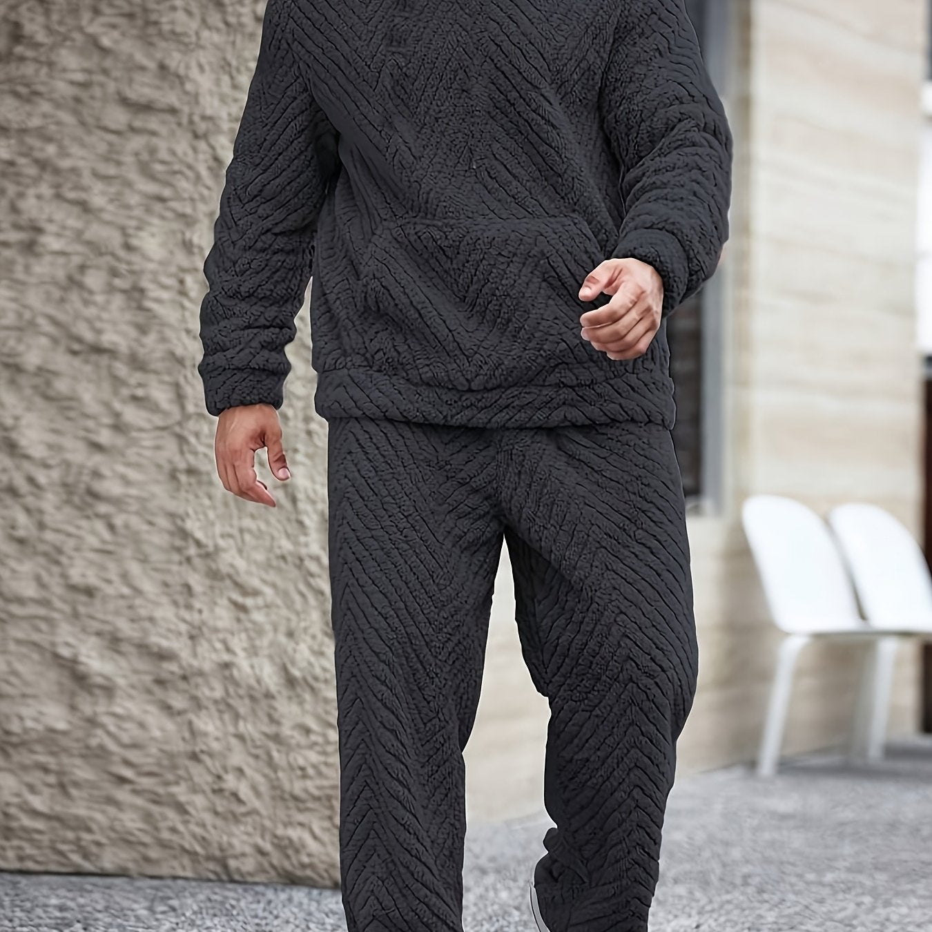 Men's Lounge Set Sherpa Hoodie & Herringbone Pants