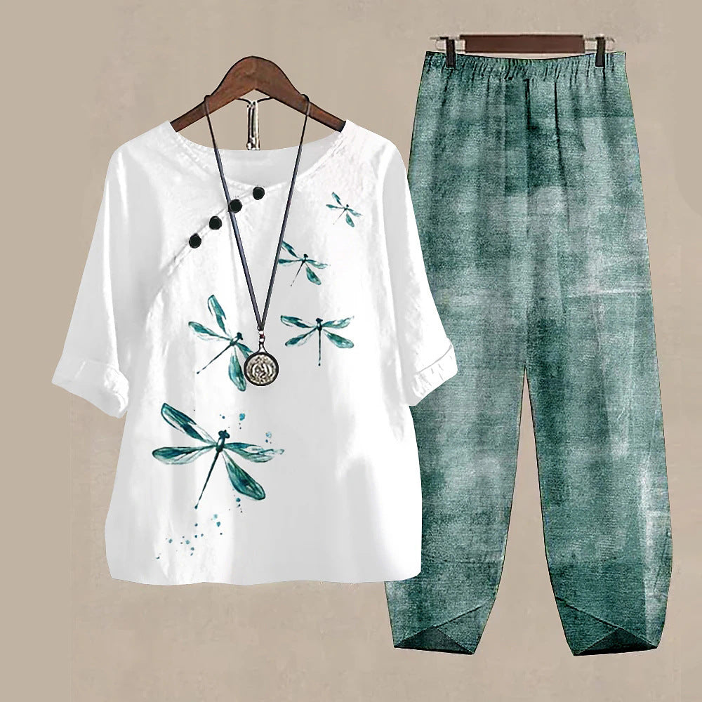Women's casual set in Japanese style with dragonfly print – two-piece, comfortable for everyday & travel