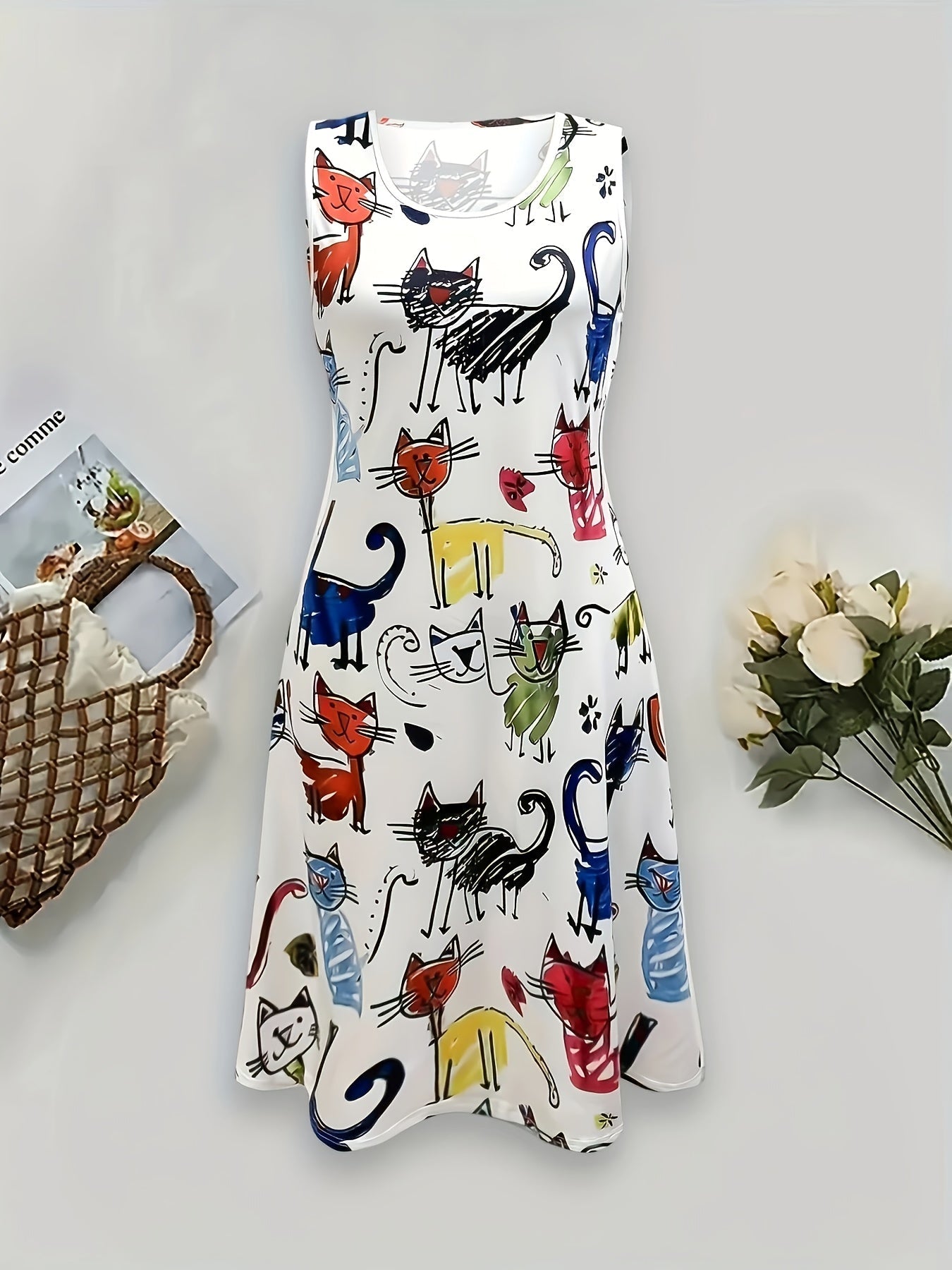 Women's summer dress with cat print, casual, sleeveless, A-line, ideal for everyday wear and leisure
