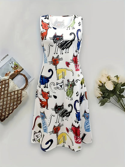 Women's summer dress with cat print, casual, sleeveless, A-line, ideal for everyday wear and leisure