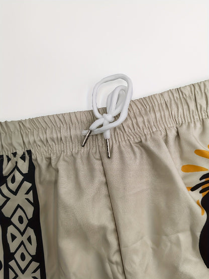 Men's casual shorts with ethnic pattern and flute player motif – summer, vacation & beachwear