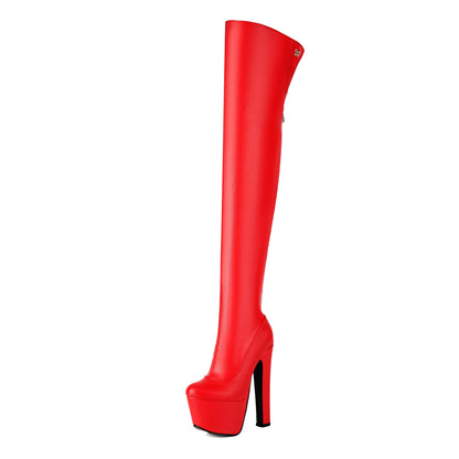 Over-the-knee boots with high heels and a platform, black or red
