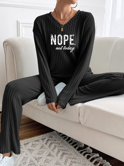 Ribbed women’s two-piece set with a V-neck top featuring lettering and wide-leg pants