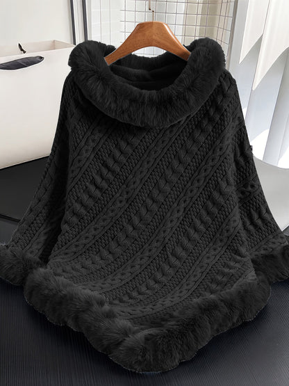 Poncho Damen Strick Zopfmuster mit Kunstpelzbesatz Marineblau