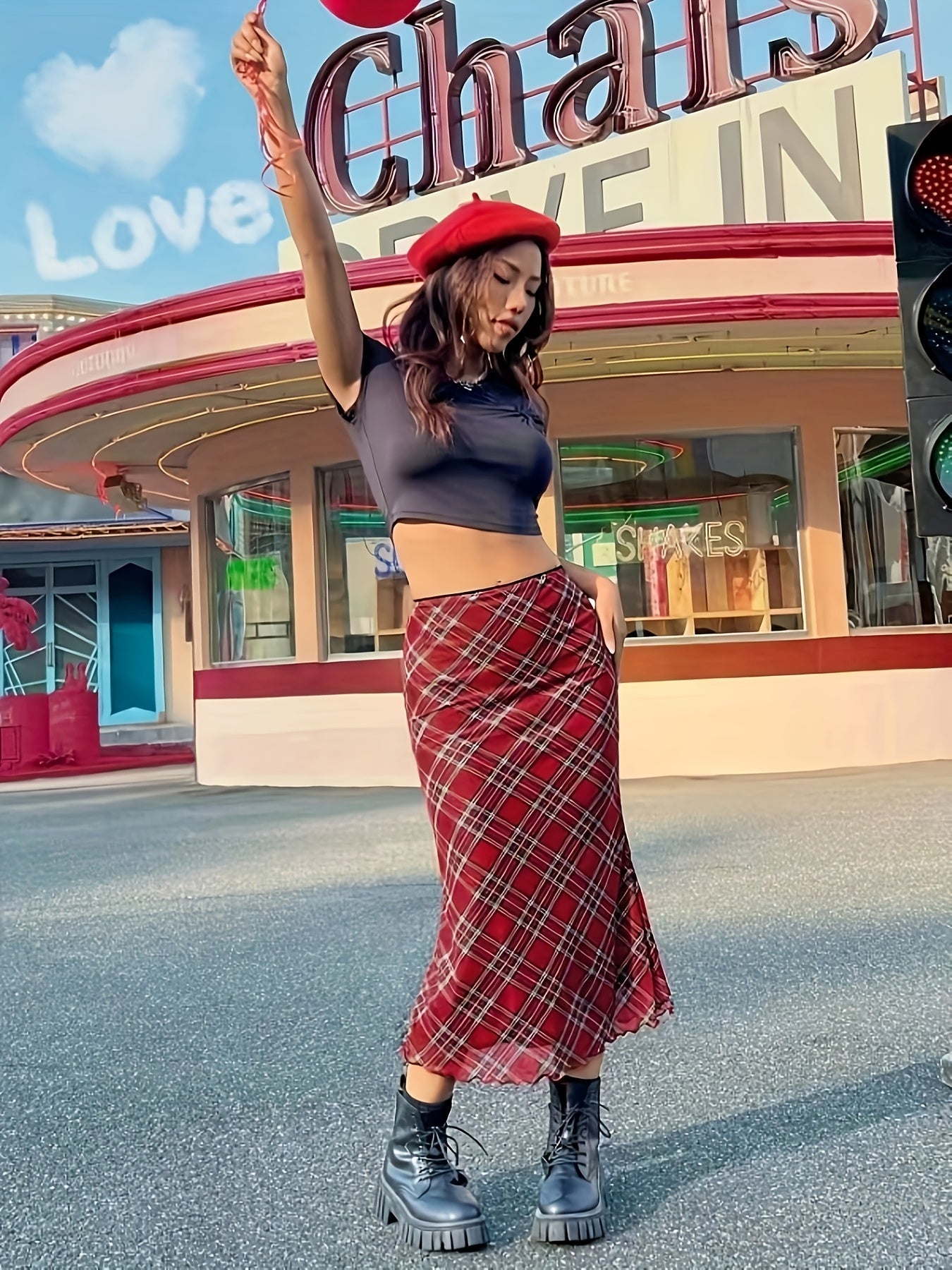 Women's Elegant Checked Maxi Skirt Vintage Style – Casual & Everyday
