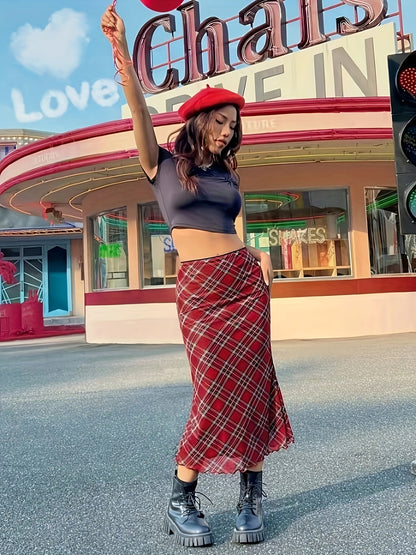 Women's Elegant Checked Maxi Skirt Vintage Style – Casual & Everyday