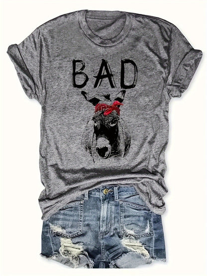 Women's T-shirt with Donkey Print and 'BAD' Lettering – Funny Statement Shirt in a Casual Style
