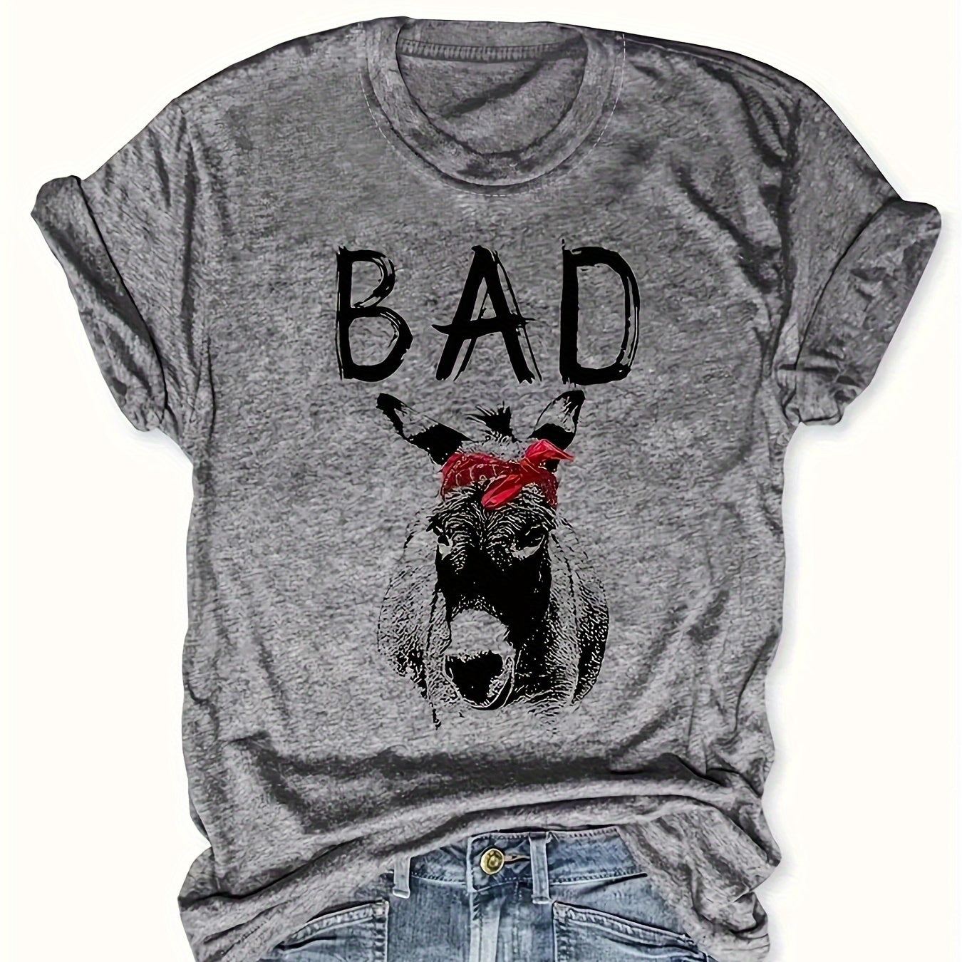 Women's T-shirt with Donkey Print and 'BAD' Lettering – Funny Statement Shirt in a Casual Style