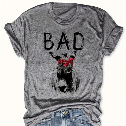Women's T-shirt with Donkey Print and 'BAD' Lettering – Funny Statement Shirt in a Casual Style