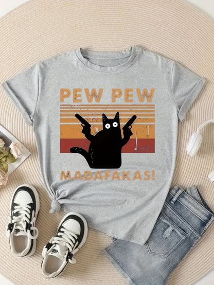 Damen T-Shirt mit lustigem Katzen-Print – Retro-Stil, Kurzarm, Sommer, Freizeit