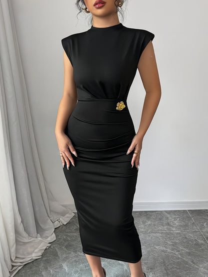 Women's Elegant Bodycon Midi Dress with Shoulder Pads – Perfect for Special Occasions and Business