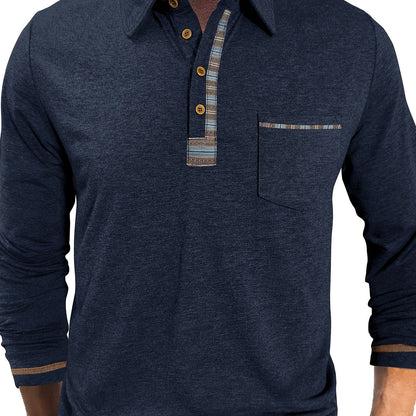 Men's long-sleeved polo shirt with chest pocket and patterned details