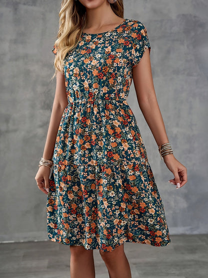 Women's summer dress with floral pattern – casual & vacation, A-line dress, knee-length, short sleeve