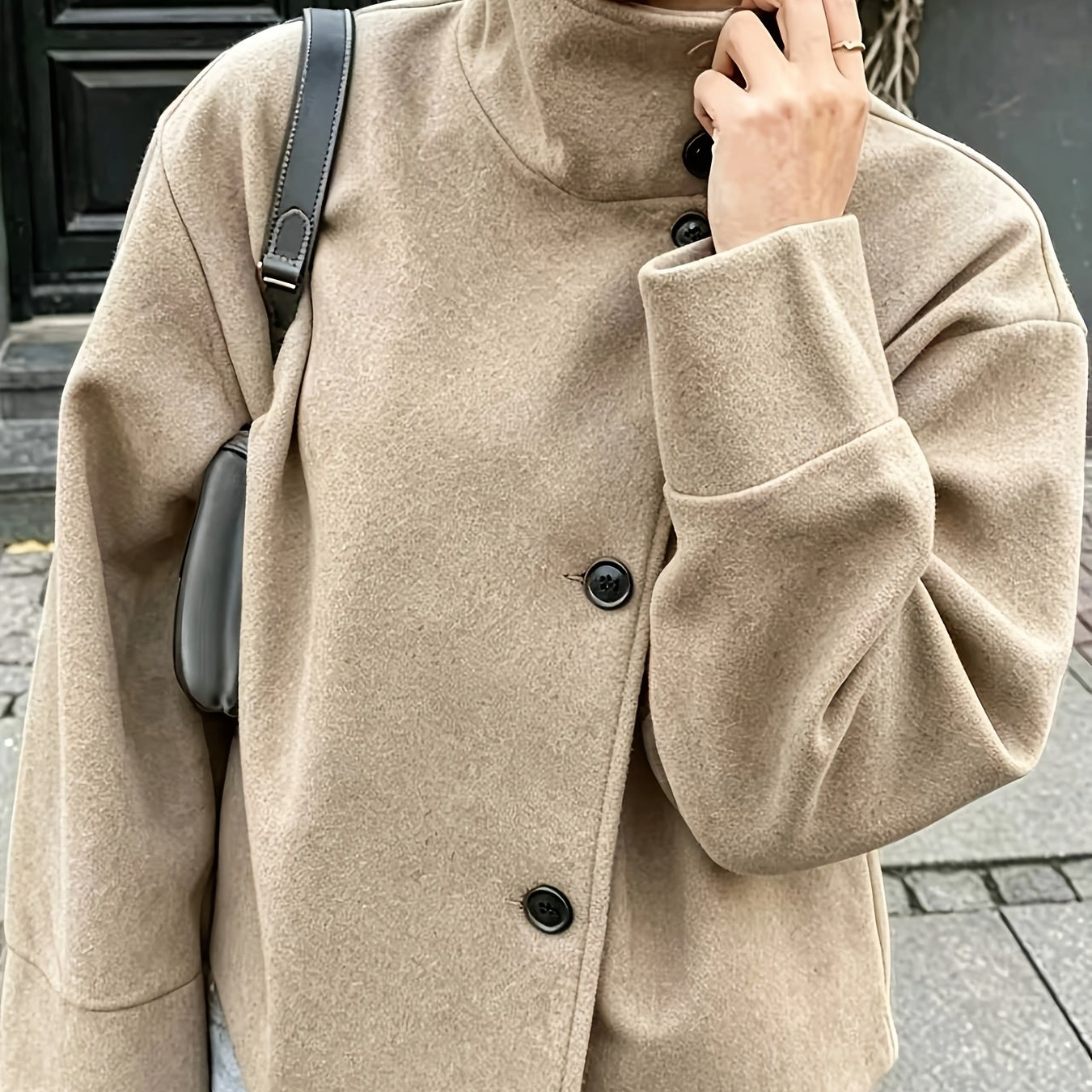 Women's short jacket with stand-up collar, button placket, relaxed fit