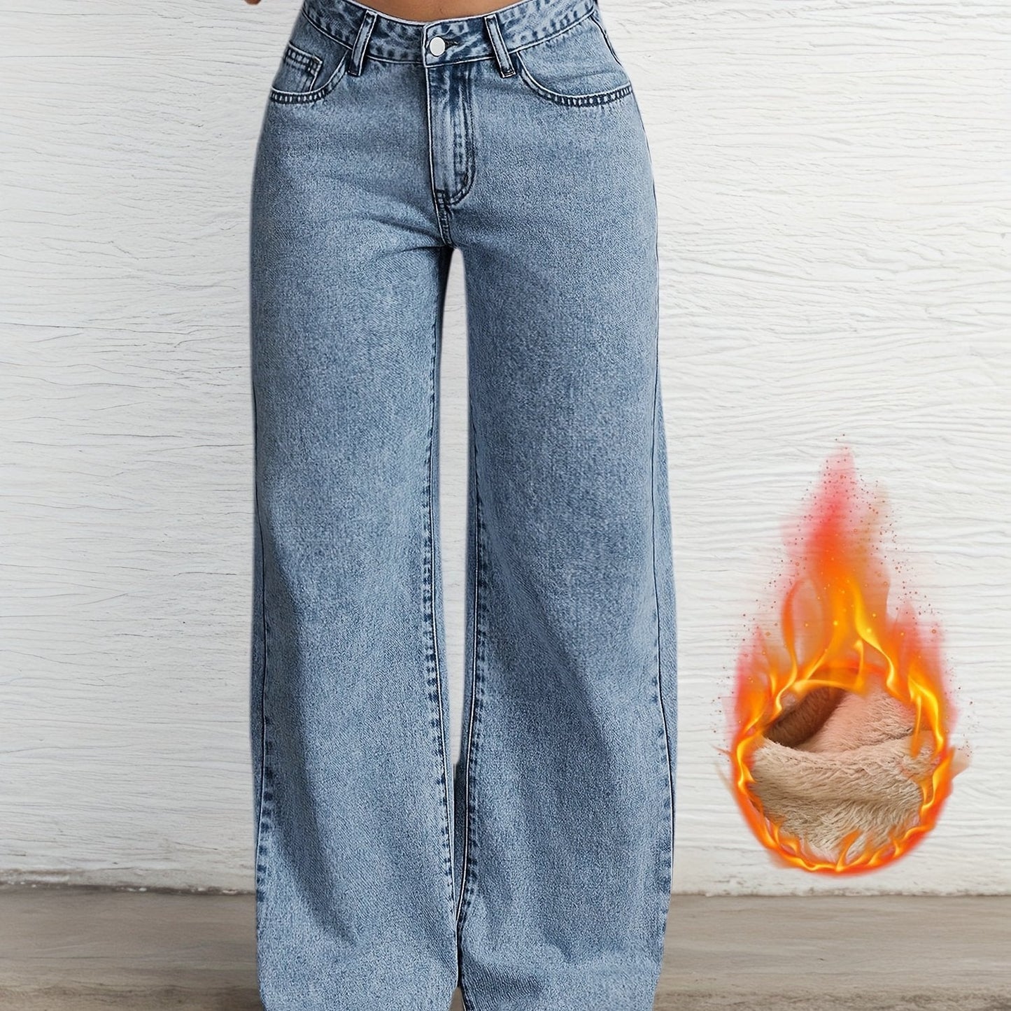 Women's wide-leg jeans with teddy lining, light blue