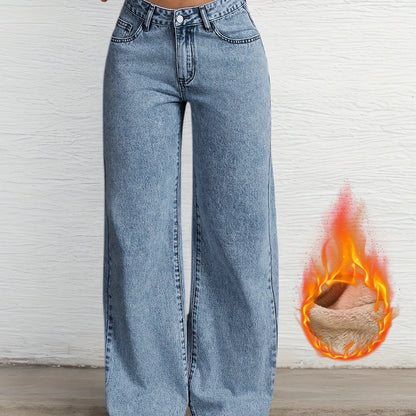 Women's wide-leg jeans with teddy lining, light blue