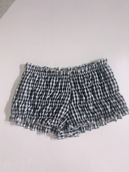 Damen Y2K Karierte Rüschenshorts für den Sommer – Bequeme Lounge- und Pyjamashorts