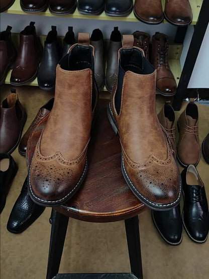 Brown Men's Chelsea Boots with Brogue Design and Elastic Inserts