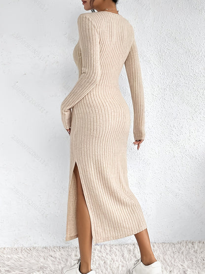 Geripptes Strickkleid Langarm Midi figurbetont mit V-Ausschnitt
