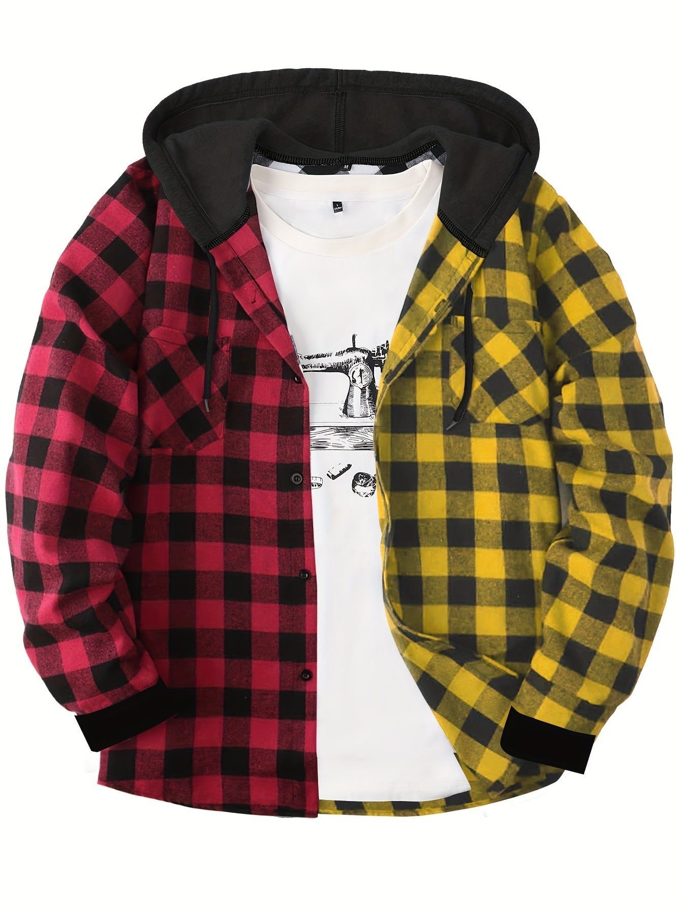 Men’s plaid hooded shirt with button placket