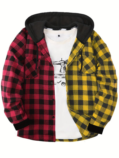 Men’s plaid hooded shirt with button placket