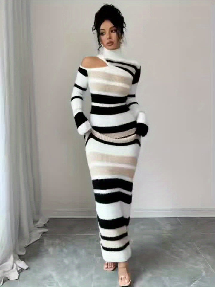 Damen Maxikleid gestreift langarm mit Cut-Out