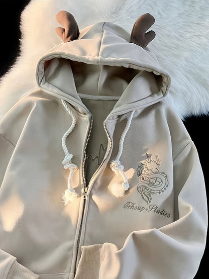 Beige zip-up hoodie with dragon embroidery and antler hood
