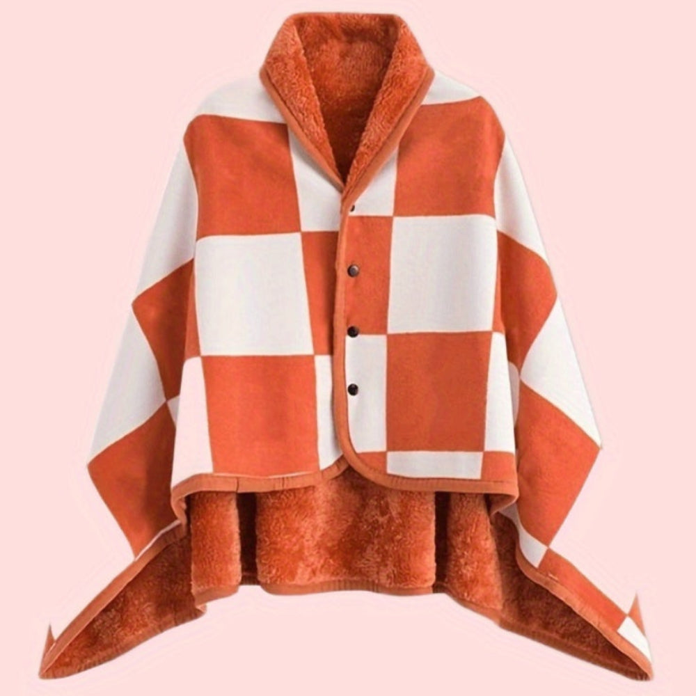 Women's Plaid Snap Button Fleece-Lined Poncho Cape
