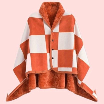 Women's Plaid Snap Button Fleece-Lined Poncho Cape
