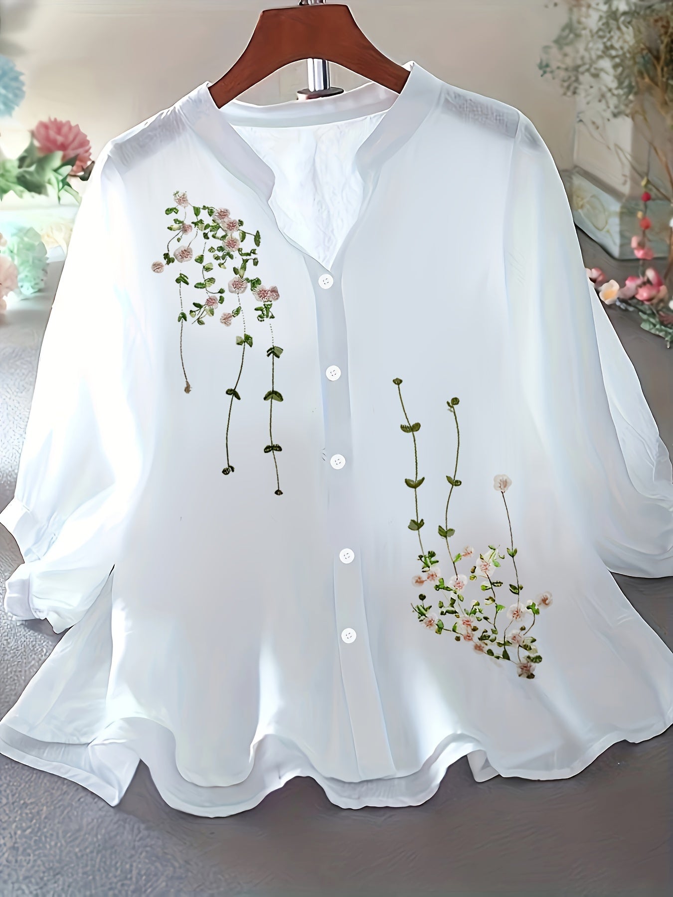 Women's Blouse Elegant Embroidered Summer Semi-Transparent with Stand-Up Collar – Casual & Office