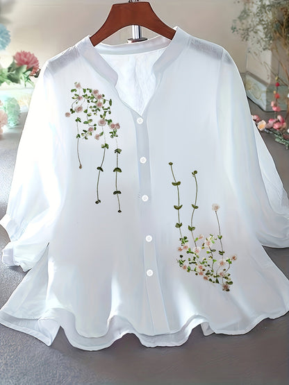 Women's Blouse Elegant Embroidered Summer Semi-Transparent with Stand-Up Collar – Casual & Office