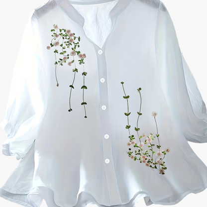 Women's Blouse Elegant Embroidered Summer Semi-Transparent with Stand-Up Collar – Casual & Office