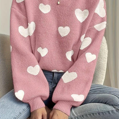 Women's sweater with heart pattern, crew neck, long-sleeve knit sweater