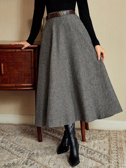 Women's gray A-line midi skirt with a flared hem