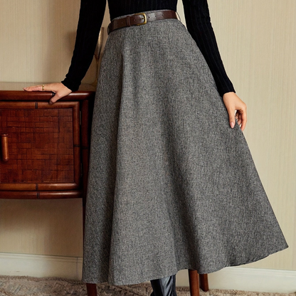 Women's gray A-line midi skirt with a flared hem