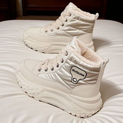 Women's winter boots, warm-lined beige high-top sneakers