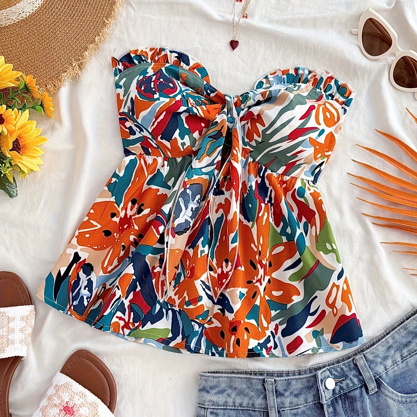 Women's Bandeau Knot Top with Abstract Floral Pattern – Summer Casual and Beach Top