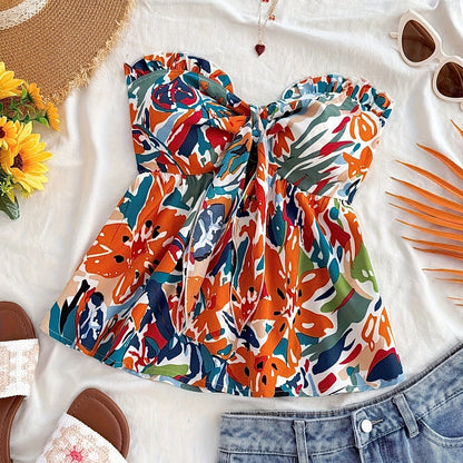 Women's Bandeau Knot Top with Abstract Floral Pattern – Summer Casual and Beach Top