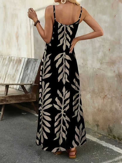 Damen Maxi Sommerkleid mit botanischem Print und Spaghettiträgern – Lässiger Boho-Stil für Urlaub & Alltag