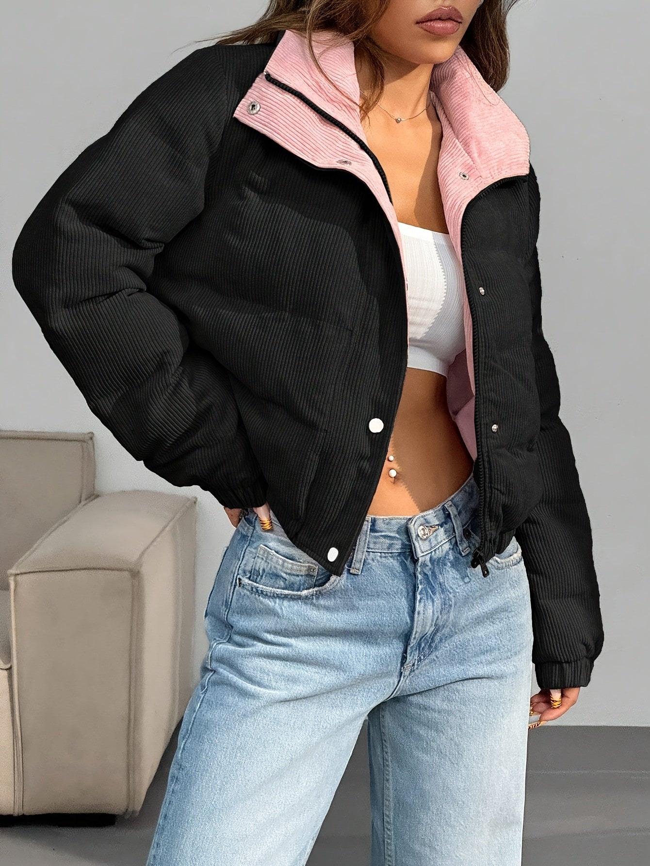 Damen Cord Pufferjacke Kurz Reverskragen Beige Rosa