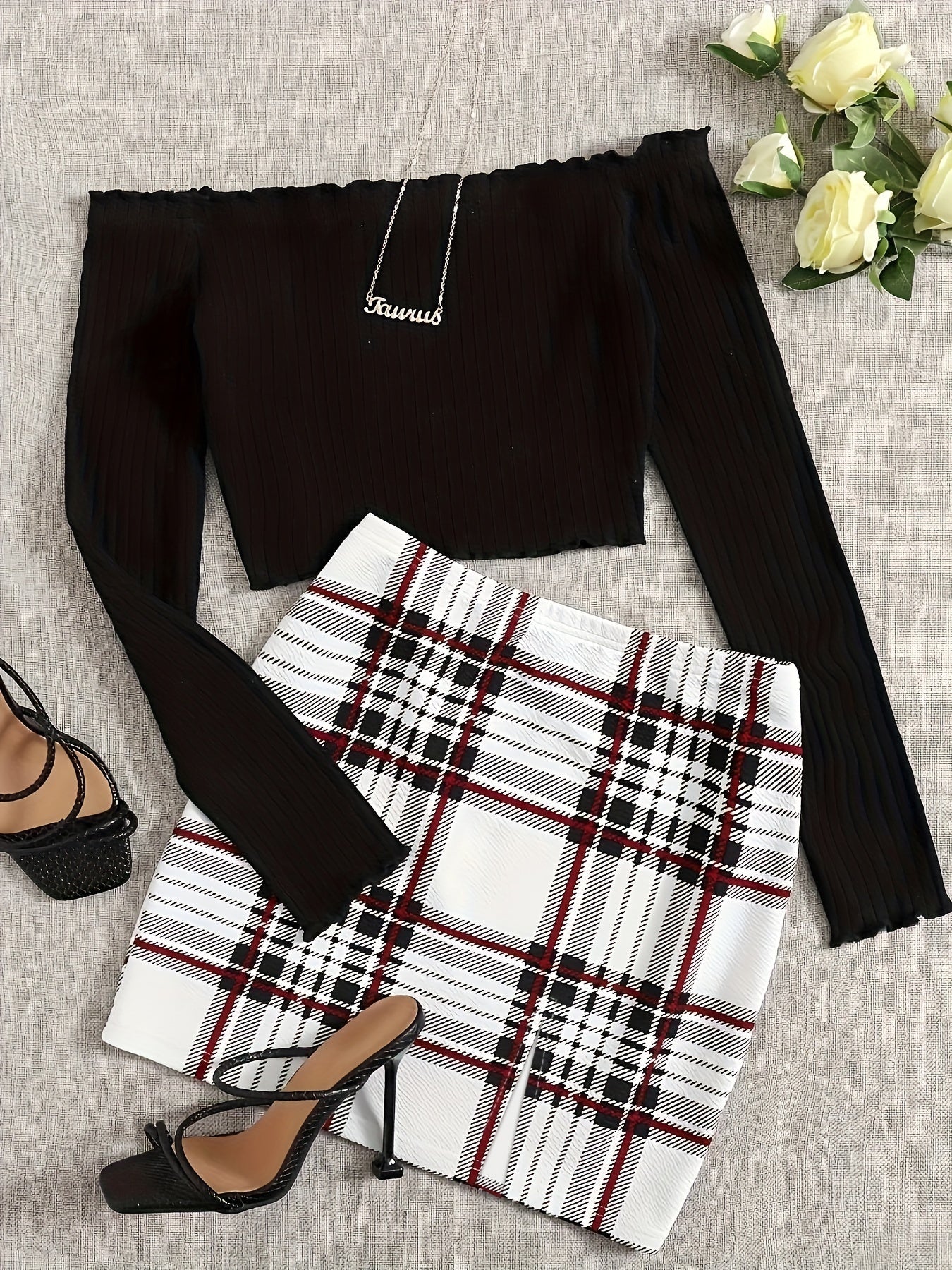 Women's Set Elegant Off-Shoulder Top and Plaid Mini Skirt – Perfect for Spring & Summer