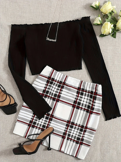 Women's Set Elegant Off-Shoulder Top and Plaid Mini Skirt – Perfect for Spring & Summer