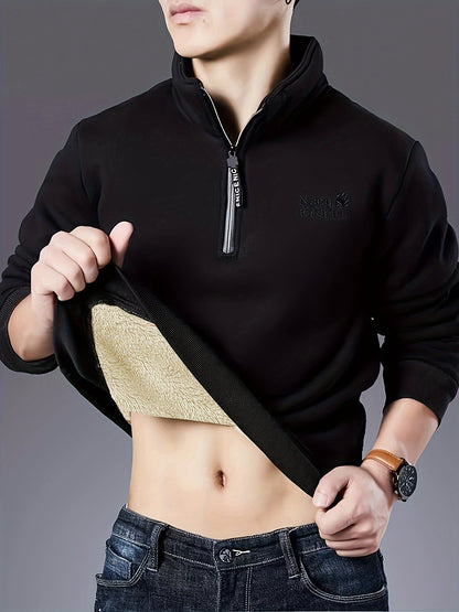 Herren Halb-Reißverschluss Pullover Stehkragen Grau mit Teddyfutter