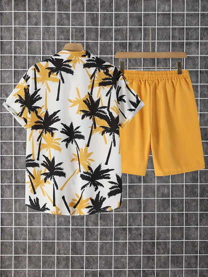 Herren Sommer Strand Set – Palmen Print Kurzarmhemd und Shorts, Freizeit Outfit