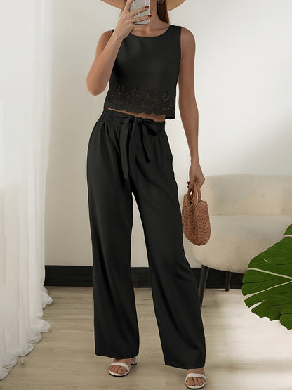 Women's Two-Piece Set Elegant – Sleeveless Crop Top with Eyelet Embroidery and Wide Pants, Perfect for Spring and Summer