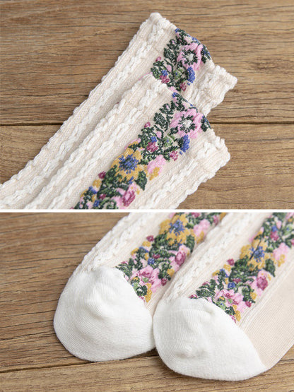 Women's Vintage Socks with Floral Embroidery – Elegant Jacquard Socks in Retro Style, Pack of 5