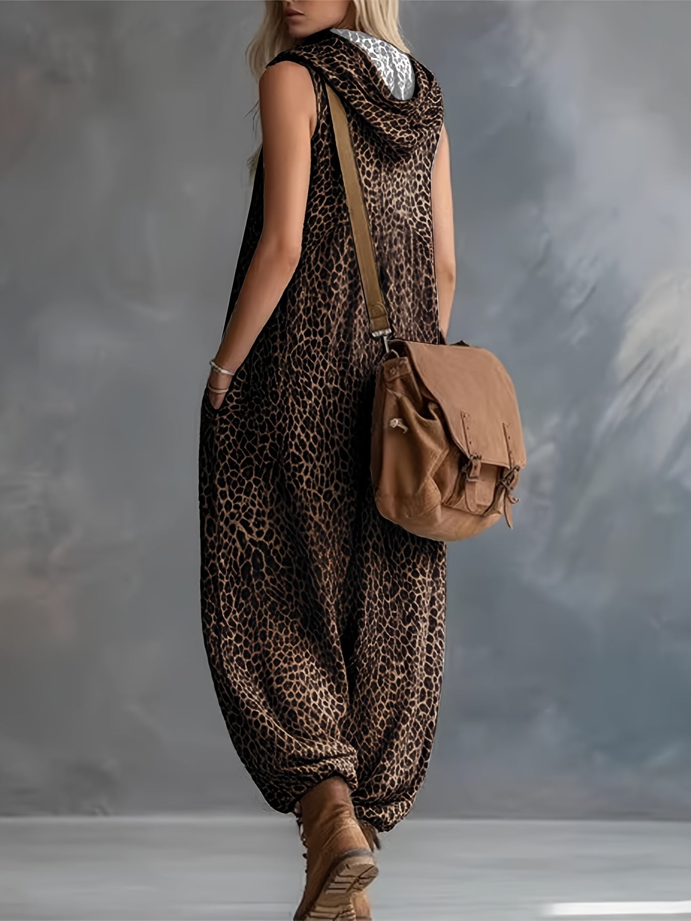 Damen Jumpsuit ärmellos mit Kapuze Animal-Print lockere Passform
