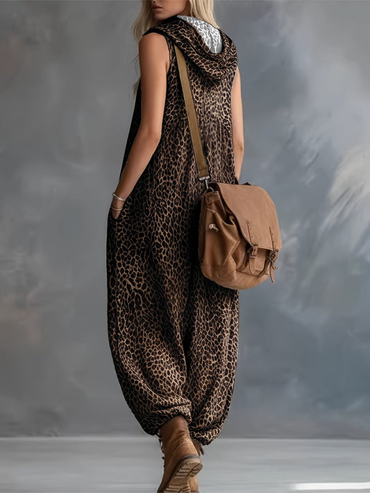 Women's sleeveless hooded jumpsuit with animal print and a relaxed fit