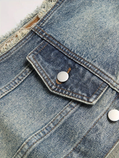 Jeansweste ärmellos für Herren, abgenutzt, mit Knopfverschluss, Blau