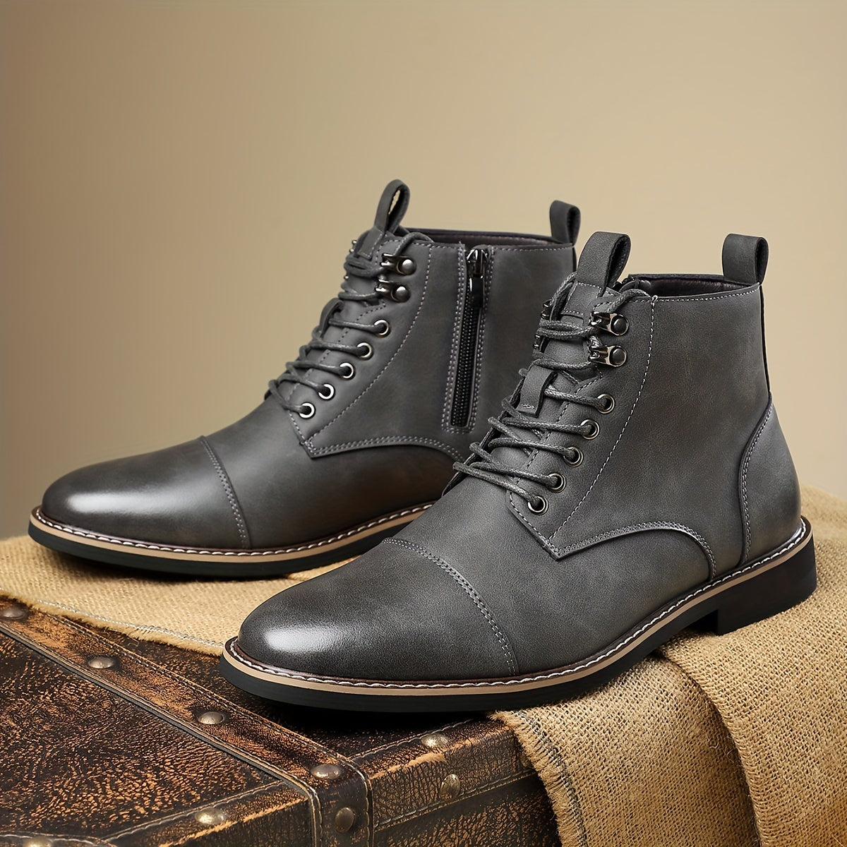 Men's brown lace-up ankle boots with cap toe and durable sole